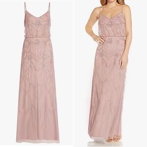Adrianna Papell Dusted Petal Beaded Blouson Spaghetti Strap Gown Dress 10 Petite